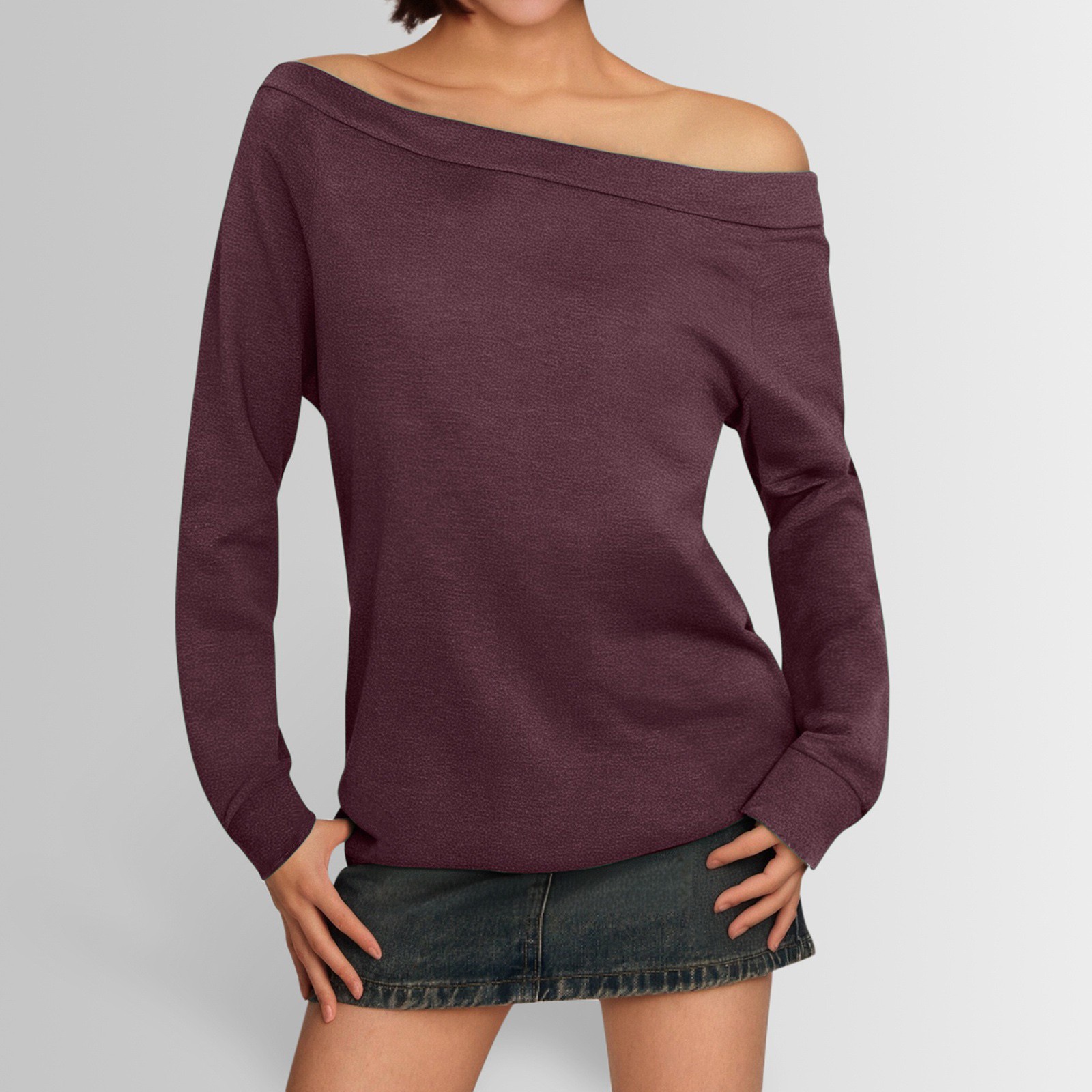 thumbnail image 2 of Blusa de manga larga con hombros descubiertos para mujer - Camiseta informal de verano de color liso, 2 of 6